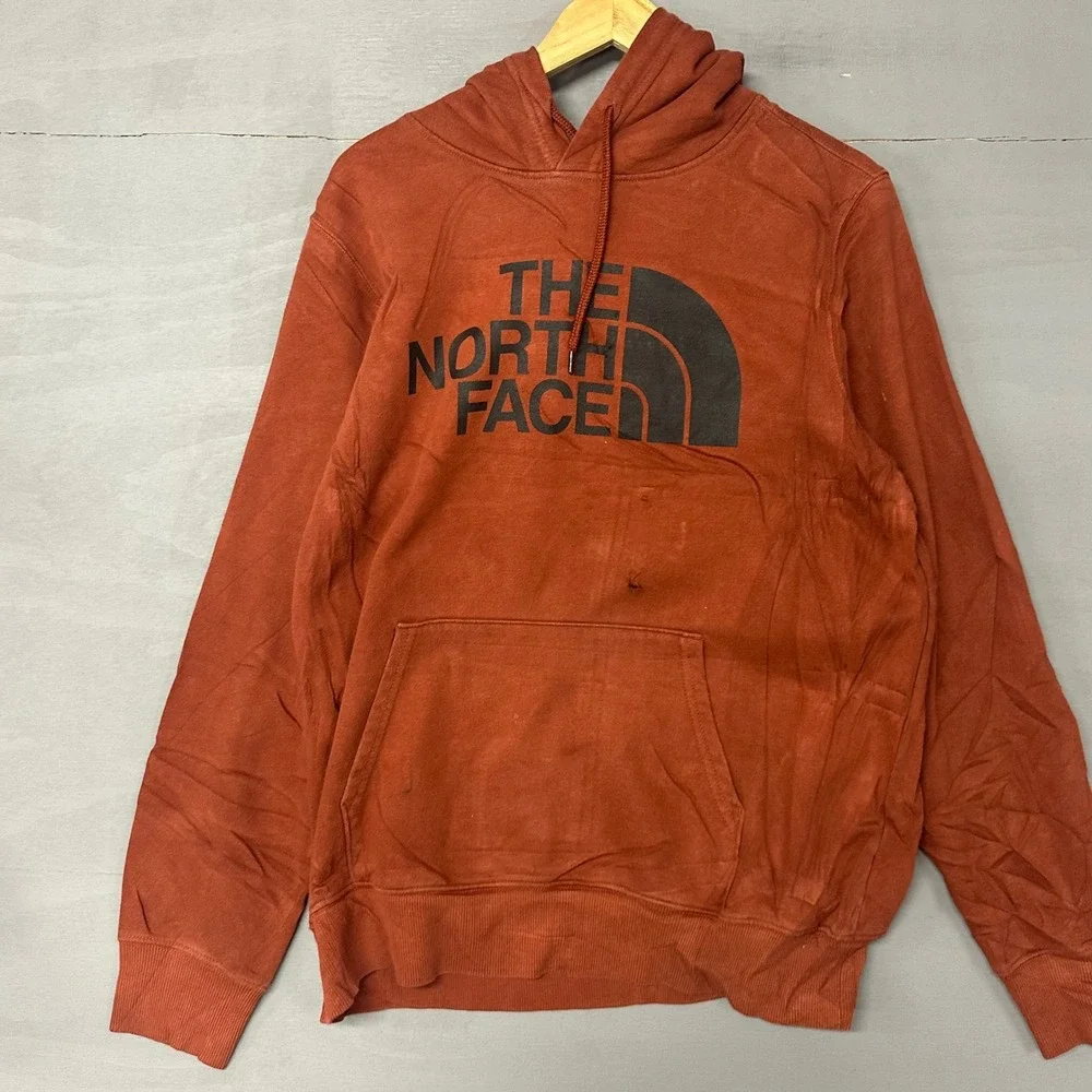 The North Face Mens Burnt Orange Logo Pullover Hoodie Size Large Distressed Hole